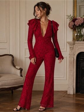 Free People Red Lace Plunge Bell Bottom Jumpsuit XS Romantic Boho Festival